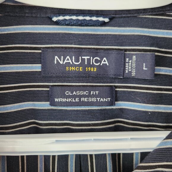 Nautica Men’s Long-Sleeve Shirt Size L Navy Stripe Classic Fit Wrinkle Resistant - Picture 5 of 7
